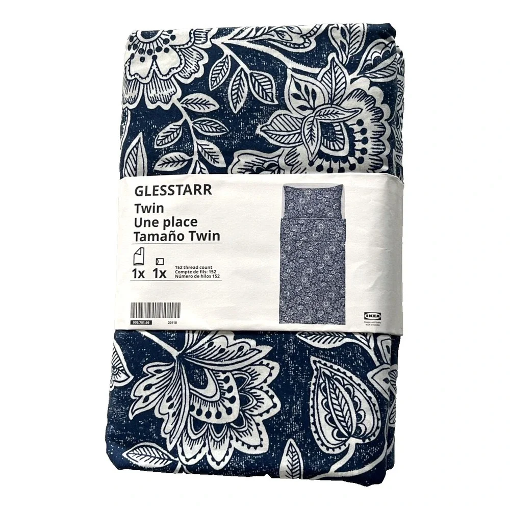New Ikea GLESSTARR Twin Duvet cover and pillowcase dark blue/white Floral
